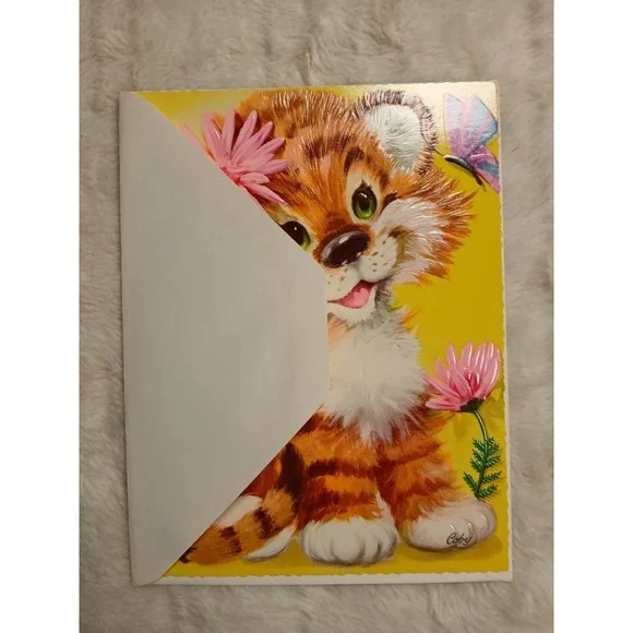 Vintage Coby Greeting Card Large Baby Tiger Get Well  Beautiful Condition Retro - Picture 2 of 6